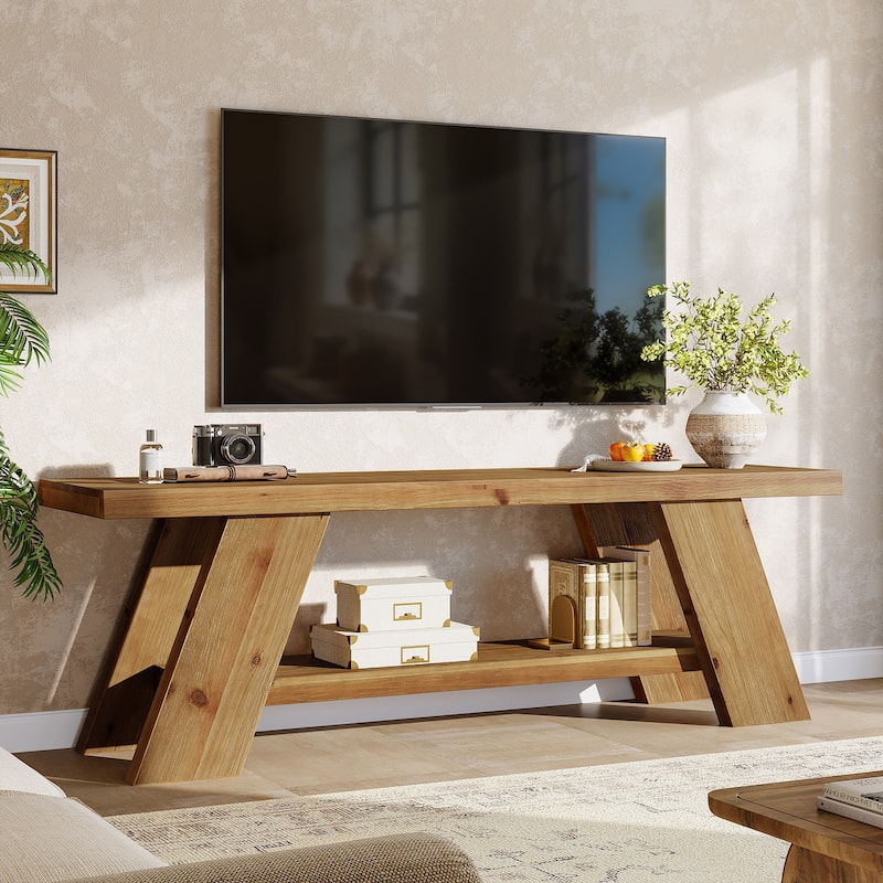 63 Inch Long Solid Wood TV Stand for TVs Up to 75 Inches - 15.75" D x 63" W x 23.62" H - Brown