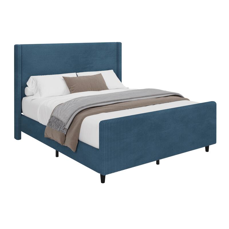 Queen Size Corduroy Bed with Wingback and High Footboard