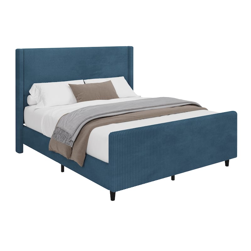Queen Size Corduroy Upholstered Platform Bed with Vertical Stripe Wingback and High Footboard
