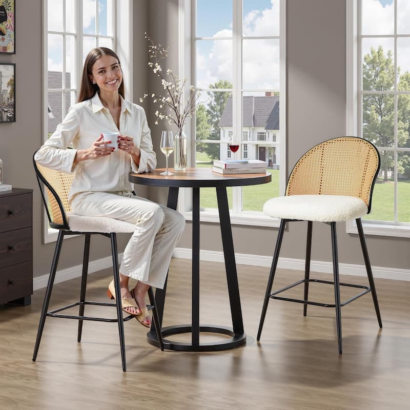 Full Rattan Backrest,Farmhouse Armless Mesh Cane Back Fleece Side Chairs with Metal Legs,Set of 2, Beige