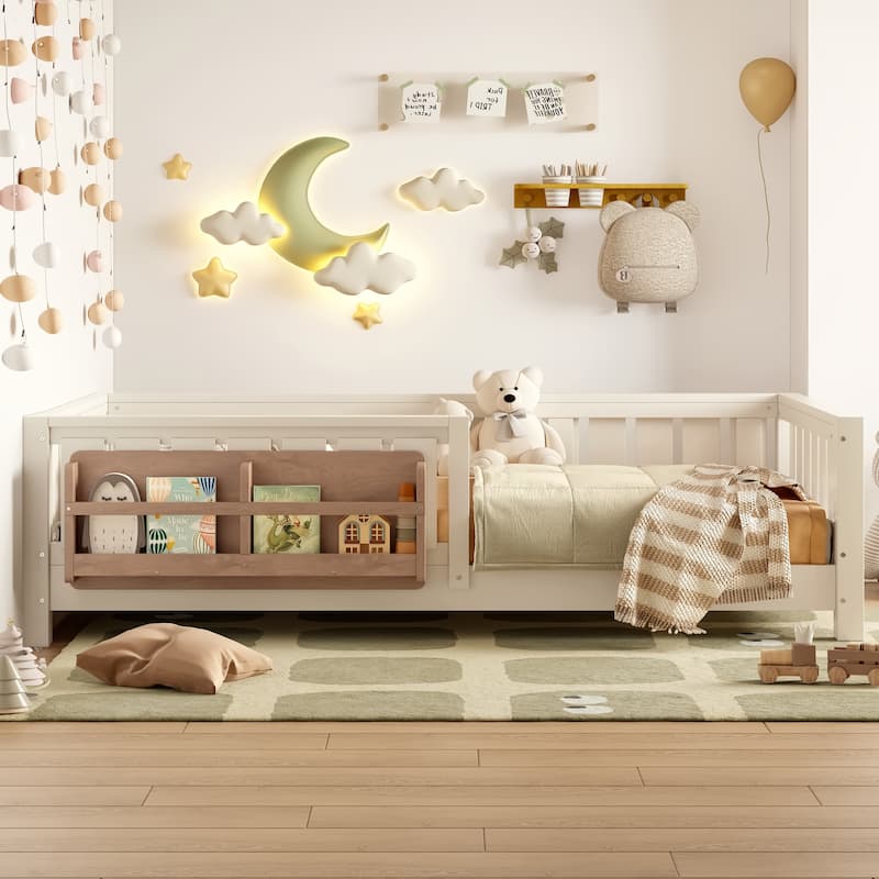 Low Profile Montessori Bed Floor Platform Bed with Fence and Bookshelf