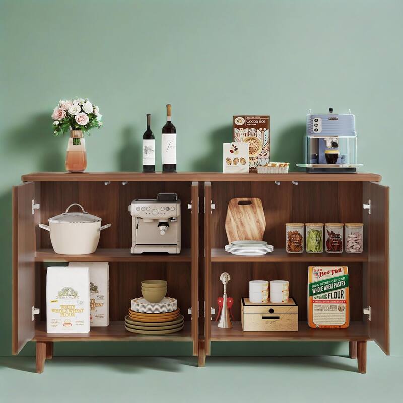 Modern Walnut Buffet Cabinet with Semicircle Doors and 4 Tier Storage for Living or Dining Room - 59.44" x 14.17" x 33.85"