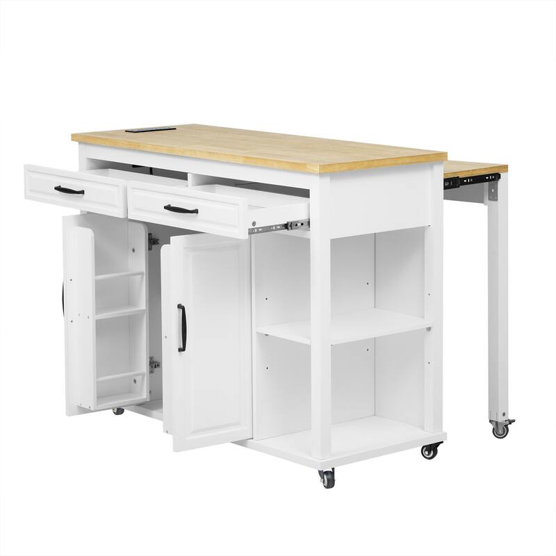 Kitchen Island with Extendable Dining Table,Rubber Wood Veneer Kitchen Table with Internal Storage Rack,Power Outlet - N/A - White