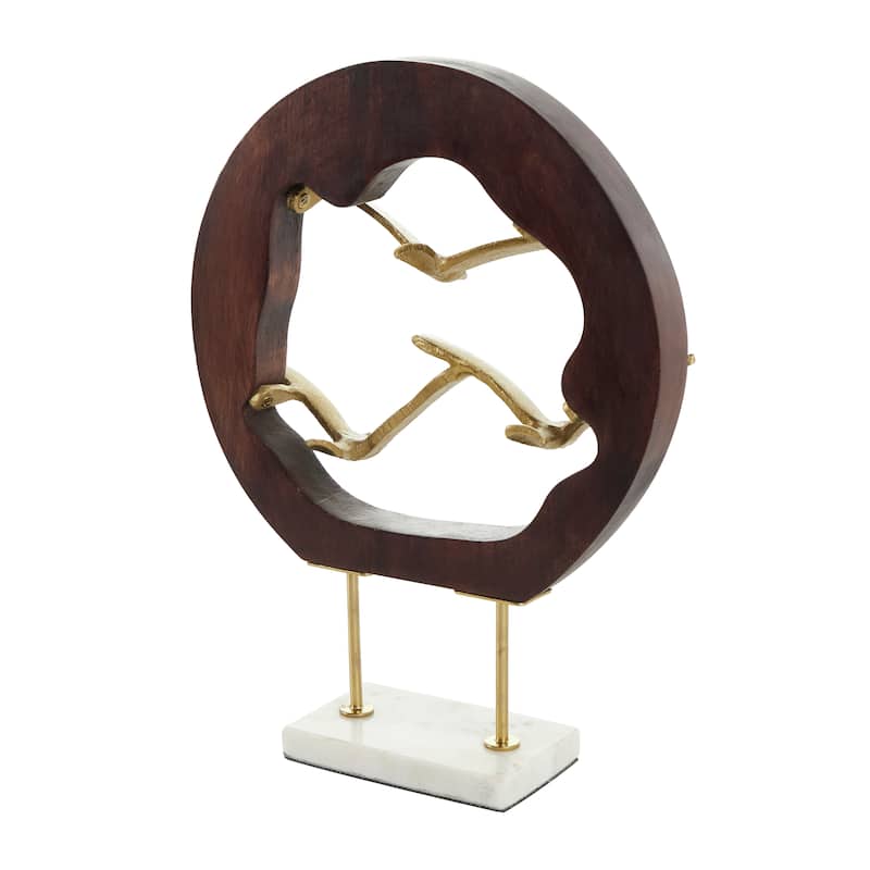 Gold Aluminum Metal Bird Sculpture with Brown Wooden Frame and Marble Base