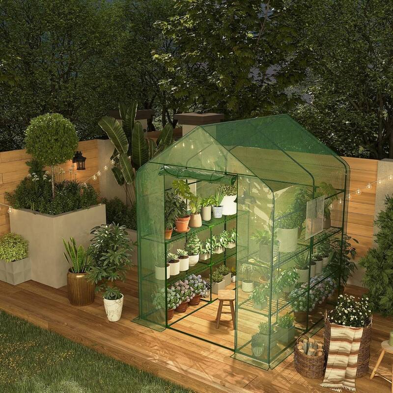 56" D Greenhouses for Outdoors with 2 Mesh Windows & 1 Roll-Up Zipper Door