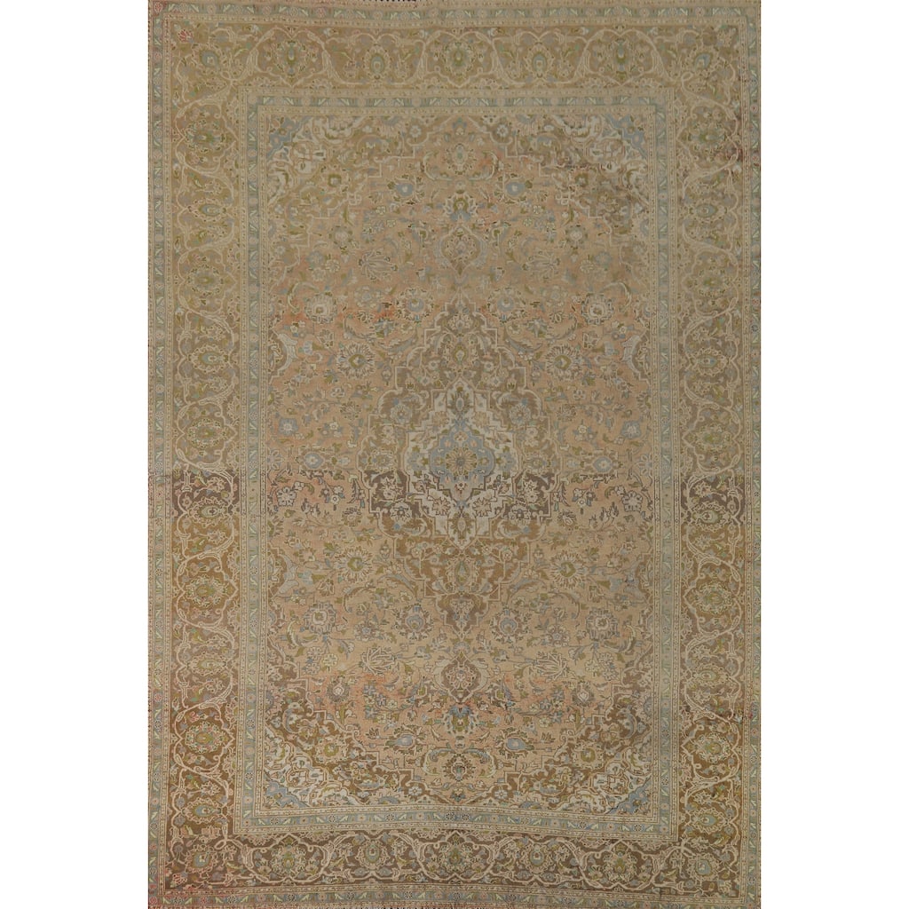 Kashan Vintage Persian Rug Hand-Knotted Traditional Muted Wool Carpet - 8'0" x 11'0"