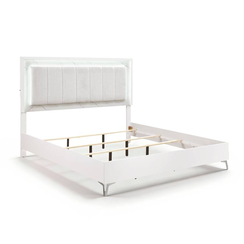 Glamorous White Finish Bedroom Set LED Bed Faux Marble Panels
