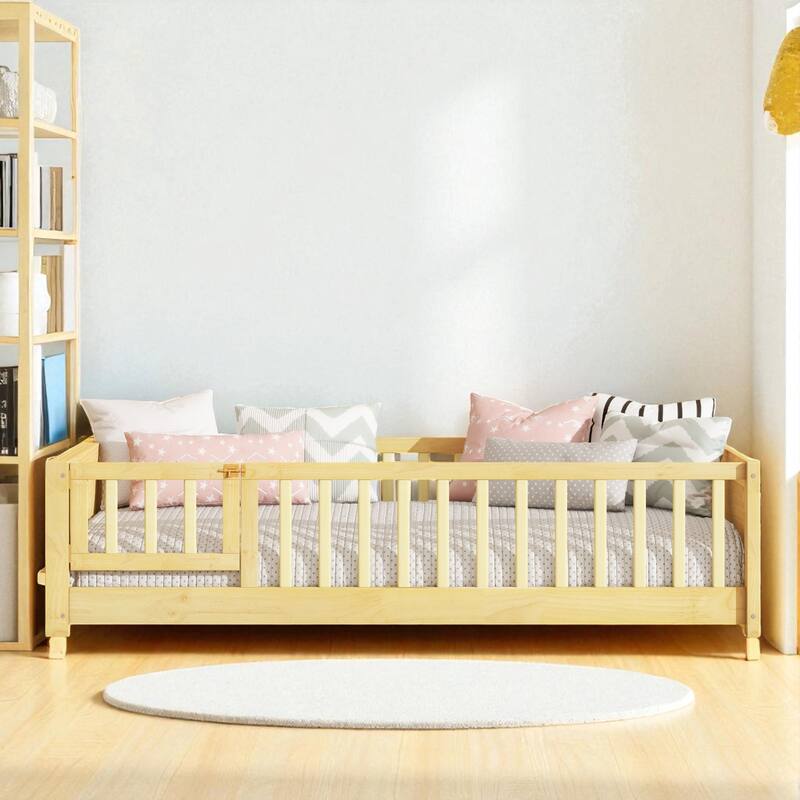 Twin Size Floor Platform Bed with Guardrails, Revolving Door and Built-in Book Rack