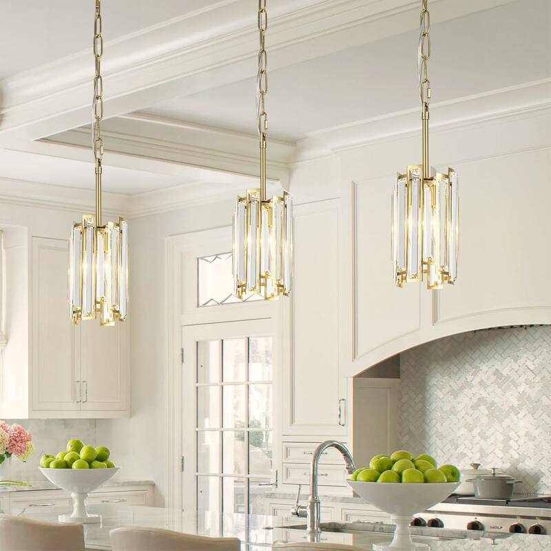 1-Light Modern Glam Black/Gold Cylinder Crystal Pendant Kitchen Island Light
