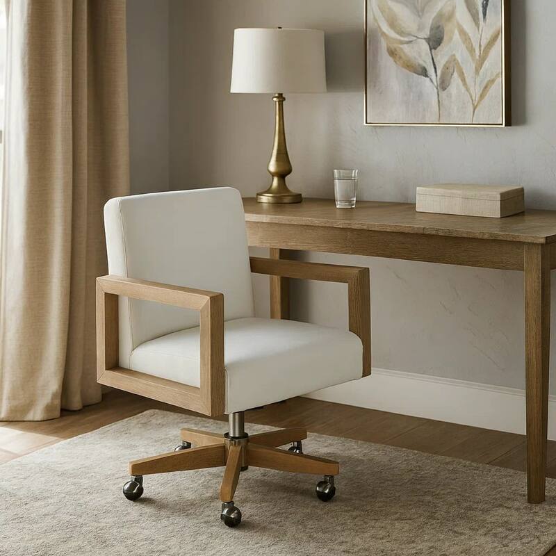 Rux 24 Inch Office Swivel Chair, White Fabric, Rolling Base, Brown Wood