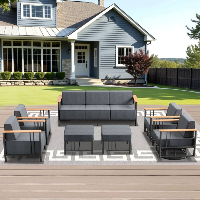 Outdoor Patio Funiture Set with Extra-Thick Seat cushion - Black & Dark Grey Cushion - 7PCS Sofa Chair with Ottoman