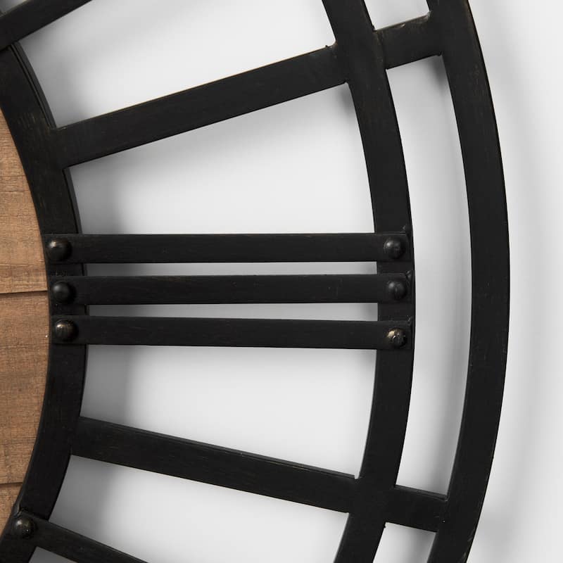 Lewiston Black Iron With Brown Wood 30" Round Wall Clock - 30.1"W x 1.9"D x 30.1"H