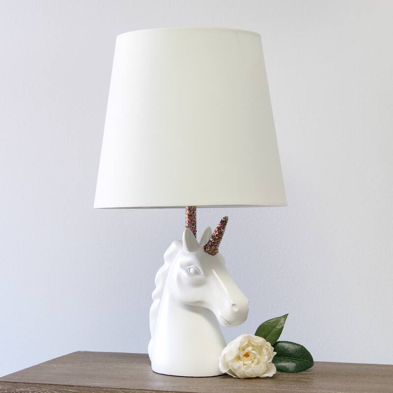 Simple Designs 15.5" Sparkling Glitter Unicorn Table Lamp, White with Blue Glitter, With LED Bulb