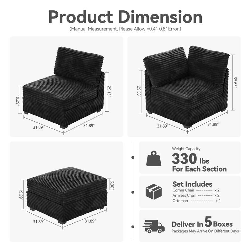 HOOOWOOO Modular Plush Corduroy Fabric Couch with Ottoman