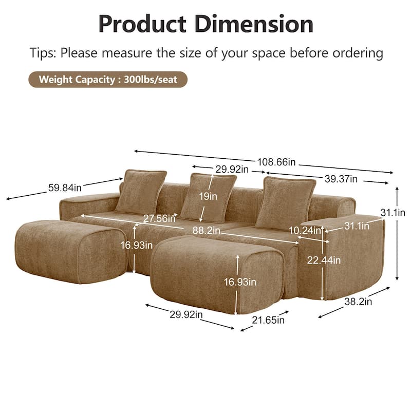 Streamlined Design Modular 3 Seat U Shape Boneless Velvet Fabric Sofa with 2 Movable Ottoman - 8' x 10'