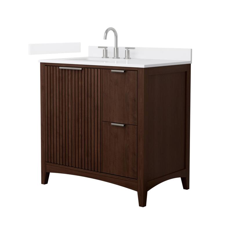 Wyndham Collection WCF9191-36S-VCA-US3MXX Palmilla 36" Free Standing - Dark Walnut / White Cultured Marble Top / Brushed