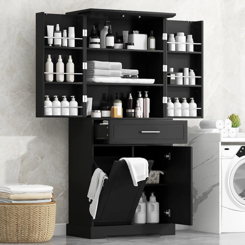 Freestanding Bathroom Storage Cabinet with Tilt-Out Laundry Hamper, Adjustable Shelf, Drawer & Door Storage, Black MDF