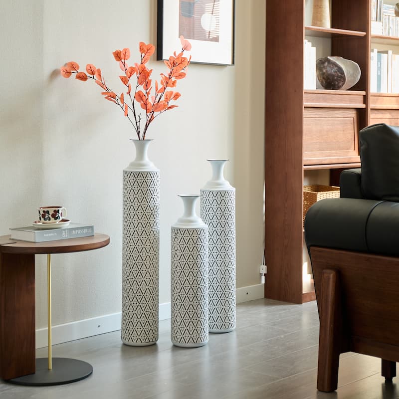 Floor Metal Vases Decorated White Metal vases Set of 3 gorgeous home decoration large glazed metal vases - White+Black