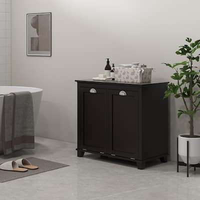 Bathroom Storage Cabinet, Dual Tilt out Laundry Hamper Cabinet, Black