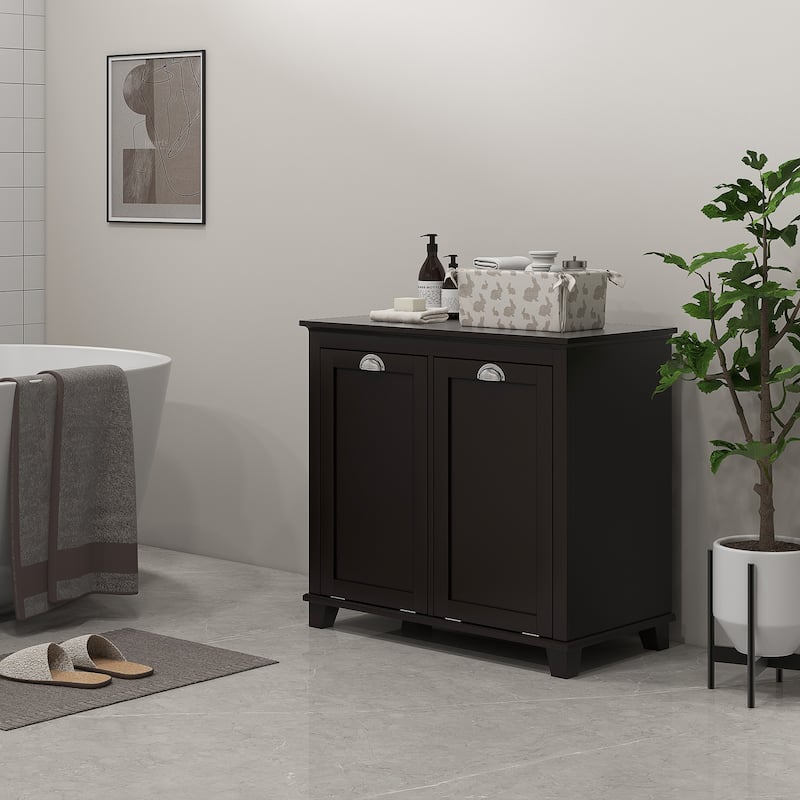 Black Tilt-Out Laundry Hamper Bathroom Storage Cabinet for Clothes, Minimalist Floor Corner Cabinet with Handles