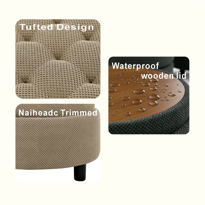 Round Storage Ottoman with Lift-Off Tray and Upholstered Fabric