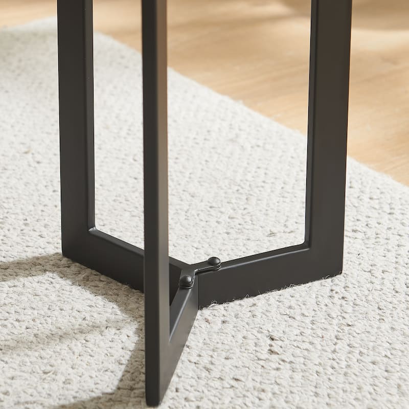 Black Metal Sculptural Pedestal & Faux Stone Tabletop Accent End Table