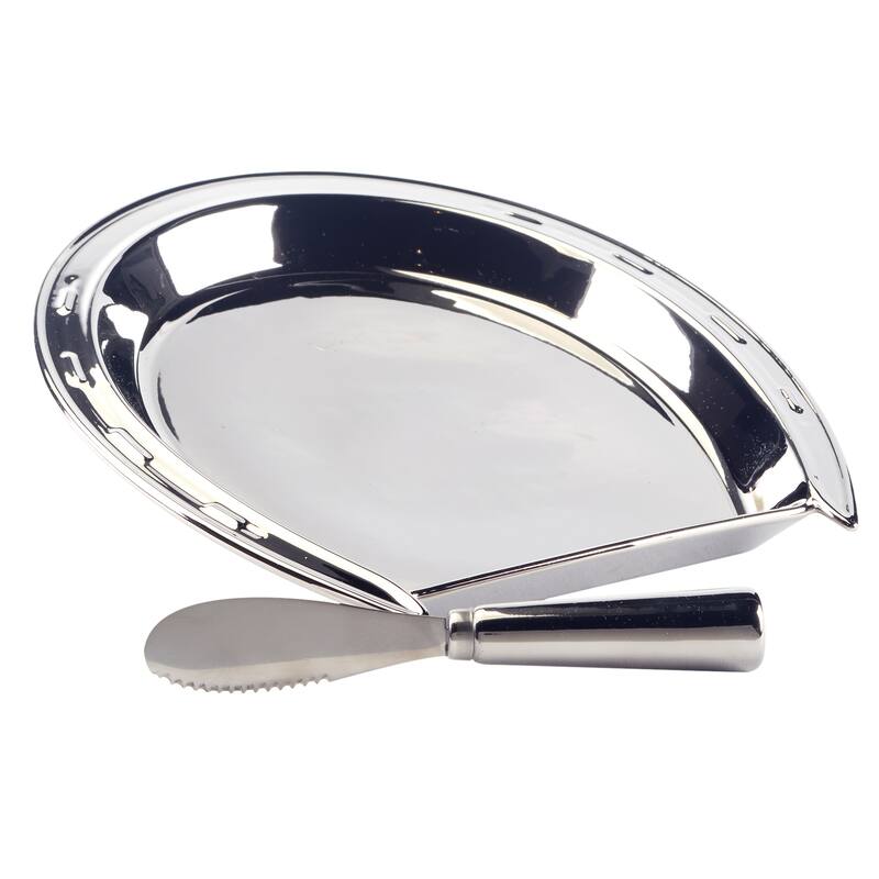 Certified International Derby Day at the Races Silver Plated 3-D Horseshoe Cheese Plate with Knife - 8.5" x 9.5" x 1"