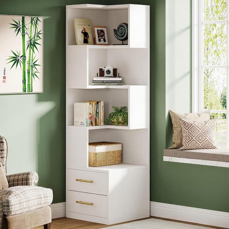White 5-Tier Corner Bookshelf with 2 Drawers L-Shaped Storage Shelf for Living Room Bedroom Office - 19.69" x 19.69" x 66.93"