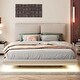 preview thumbnail 1 of 11, Queen Size Upholstered Platform Bed with Sensor Light and 2 Large Backrests, Stylish Platform Bed with 2 sets of USB Port, Beige Beige