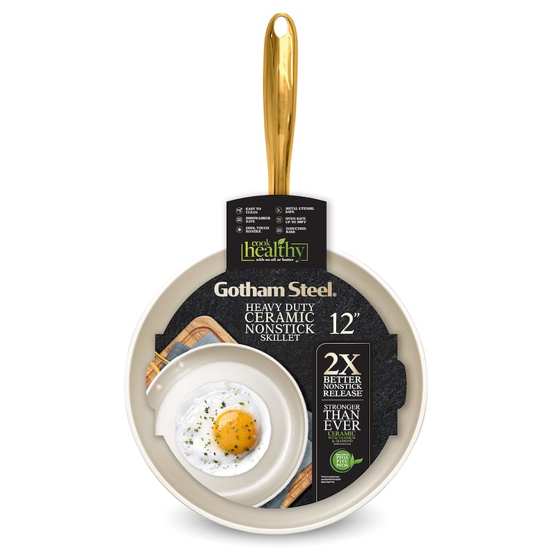 Gotham Steel Cream 12'' Nonstick Ceramic Fry Pan with Gold Stay Cool Handle