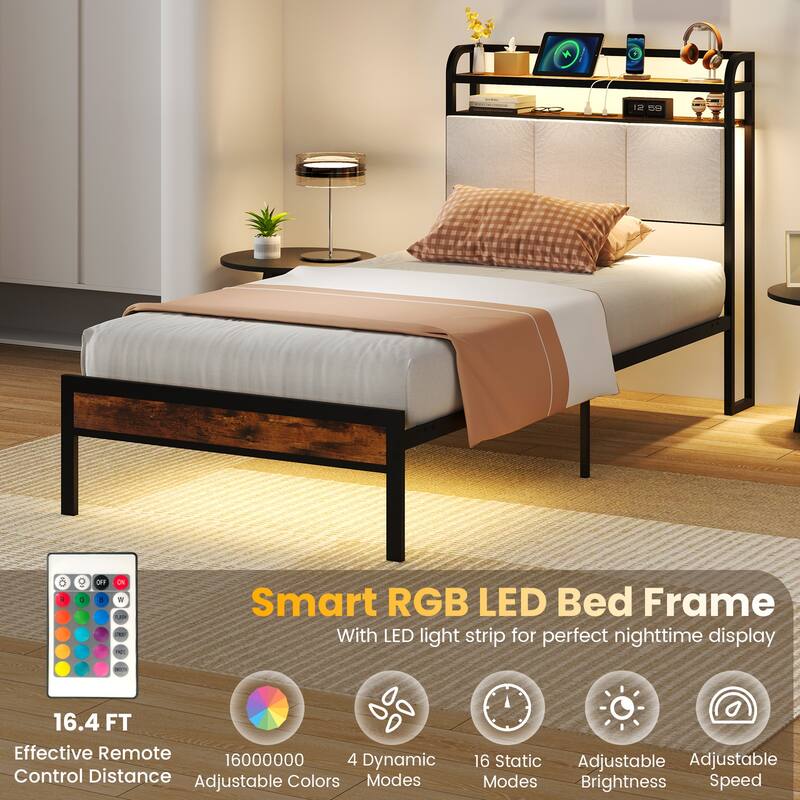 Gymax Twin Size Bed Frame w/LED Light & Charging Station Heavy Duty