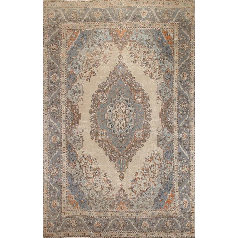 Hand Knotted Oriental 100% Wool Carpet Traditional Medallion Beige & Ivories Tabriz Area Rug - 12' 10'' X 9' 2''