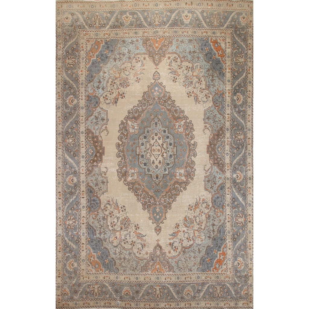 Hand Knotted Oriental 100% Wool Carpet Traditional Medallion Beige & Ivories Tabriz Area Rug - 12' 10'' X 9' 2''
