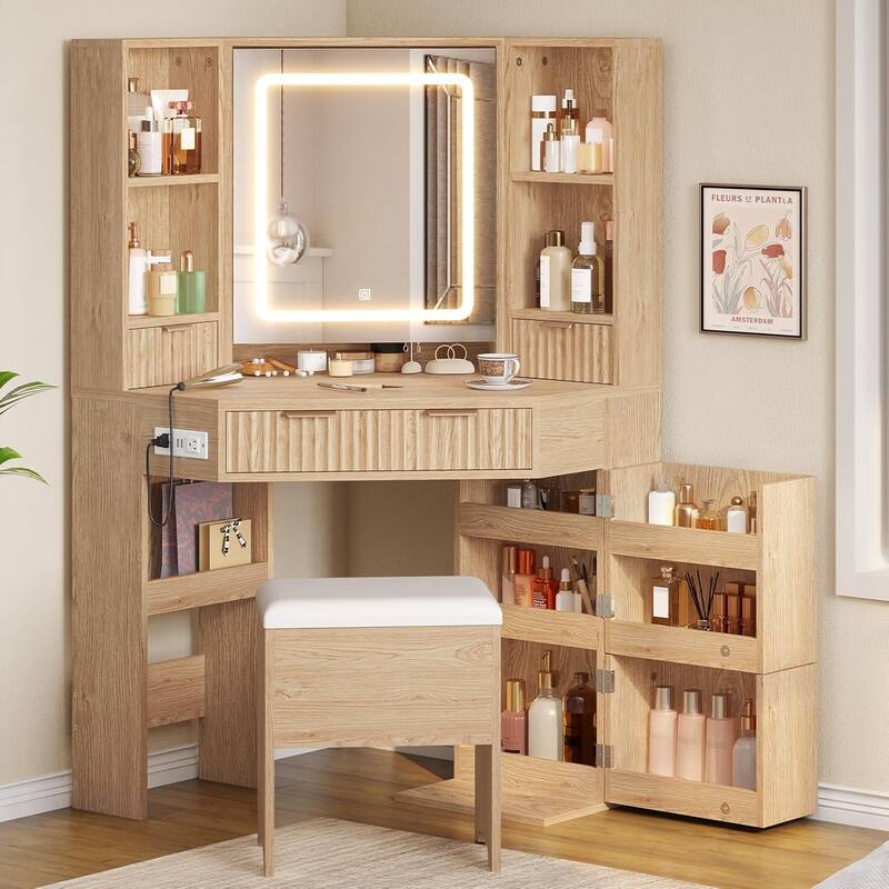 Corner Vanity Desk with Lighted Mirror Drawers Shelves Storage Stool - Natural Oak