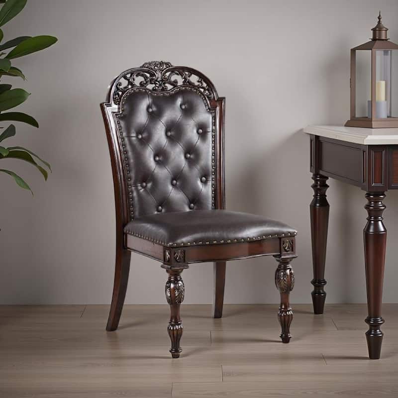 Eva Side Dining Chair Set of 2, Rivet Trim, Brown Tufted Faux Leather