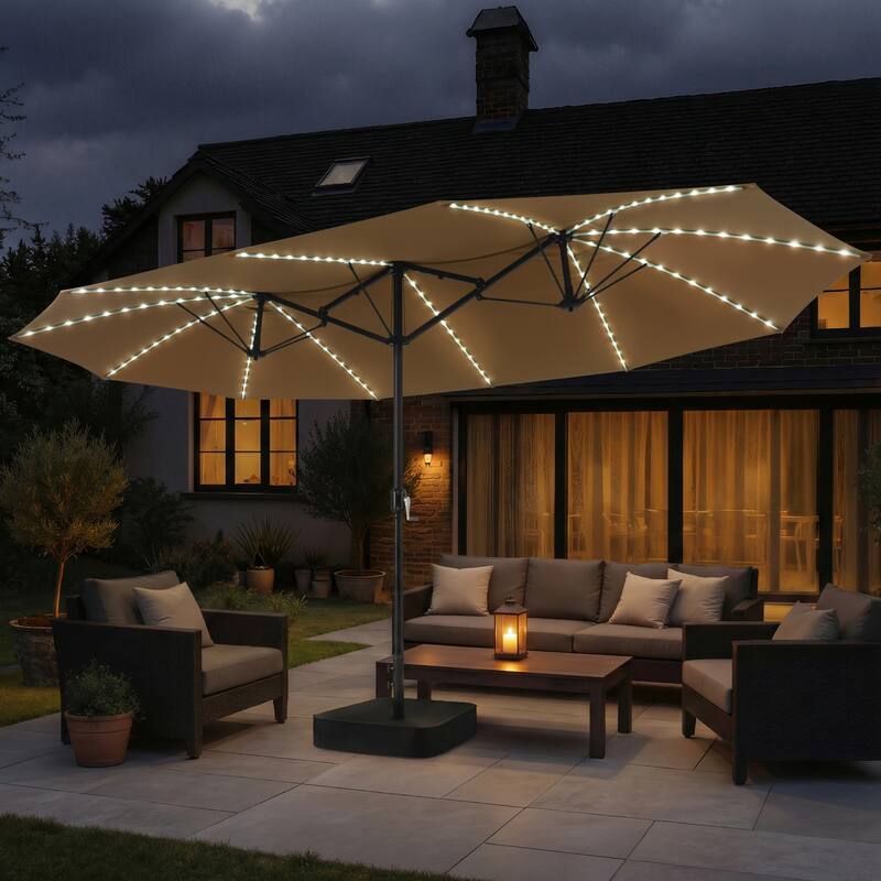 Crestlive Products 15ft Rectangular Double-sided Outdoor Market Umbrella Solar LED Lighted Patio Umbrella
