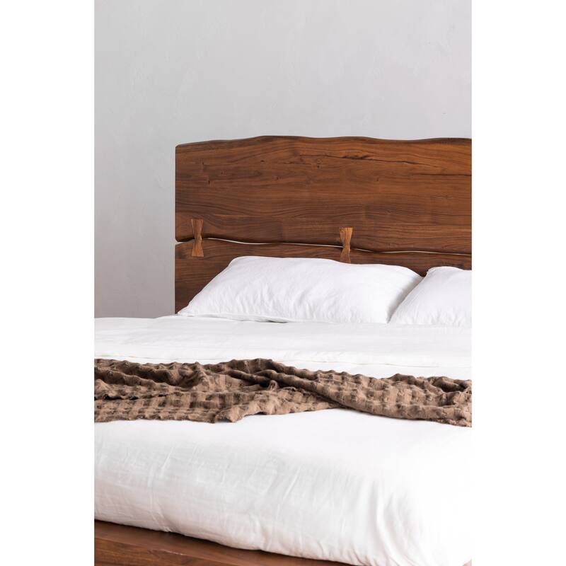 NADAAL STUDIOS Sterling Brown Solid Acacia Queen Platform Bed with Organic Edge Headboard and Steel Legs