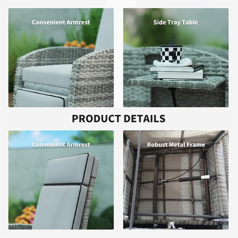 Outdoor Patio Recliner Chair with Footrest and Pop Out Table PE Wicker Cushioned Lounger for Garden Backyard and Poolside
