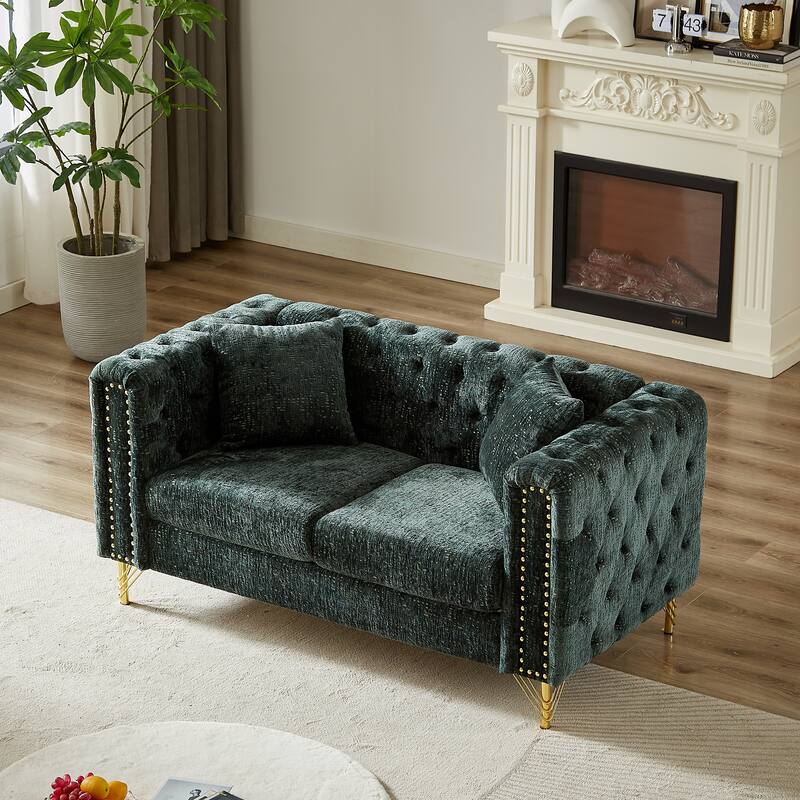 Modern 60-Inch Chenille Sofa, Chesterfield Pull-Buckle Design with Copper Nail Decor, Upholstered 2-Seater Couch