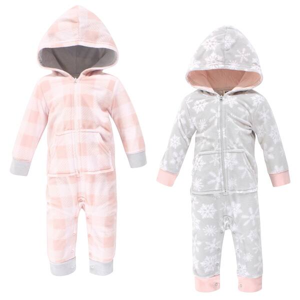 slide 1 of 1, Hudson Baby Infant Girl Fleece Jumpsuits, Coveralls, and Playsuits 2pk, Gray Pink Snowflake 0 - 3 Months - Grey/Pink
