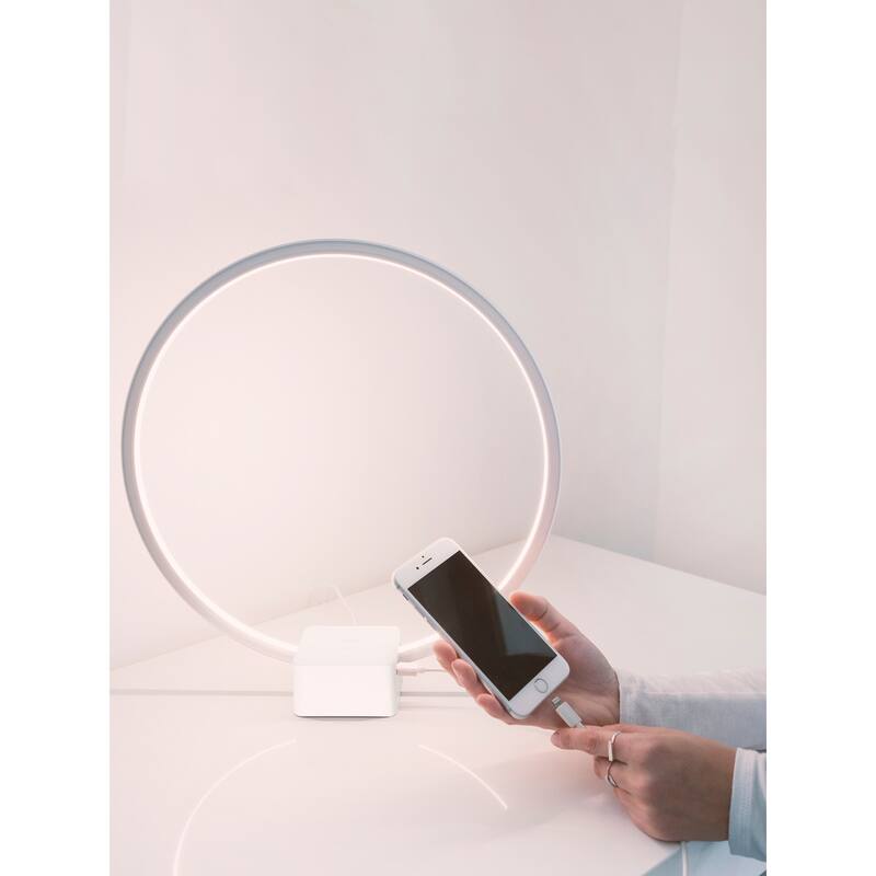 Brightech Circle 15 in. White Industrial Integrated LED Arched/Arc Table Lamp with Built-In 3-Way Dimmer
