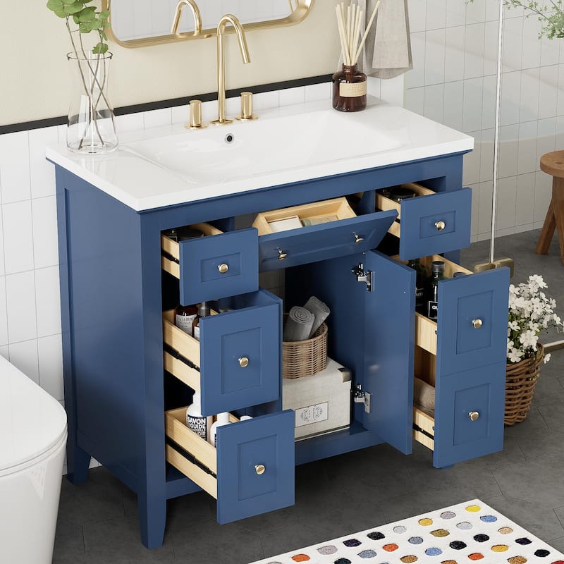 36'' Bathroon Vanity with Resin Sink Combo Set, Modern Freestanding Single Bathroom Cabinet with 6 Drawers & 2 Cabinets - Blue