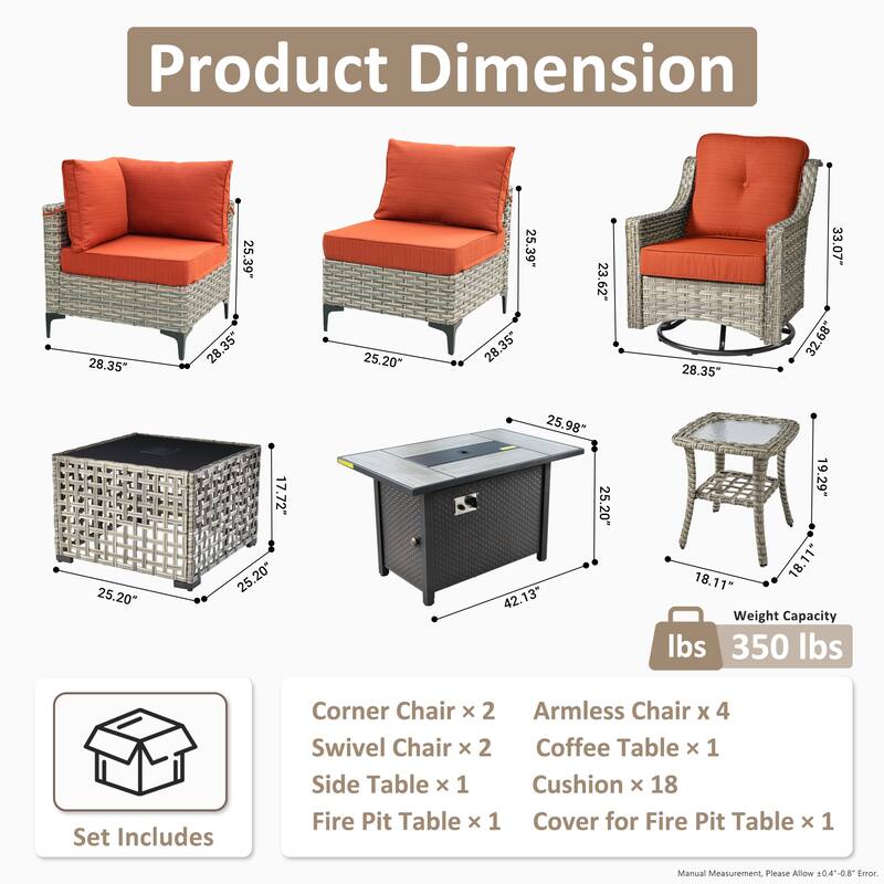 OVIOS 11 Pieces Outdoor Wicker Swivel Chair Set With Solar-Powered Coffee Table&Fire Pit
