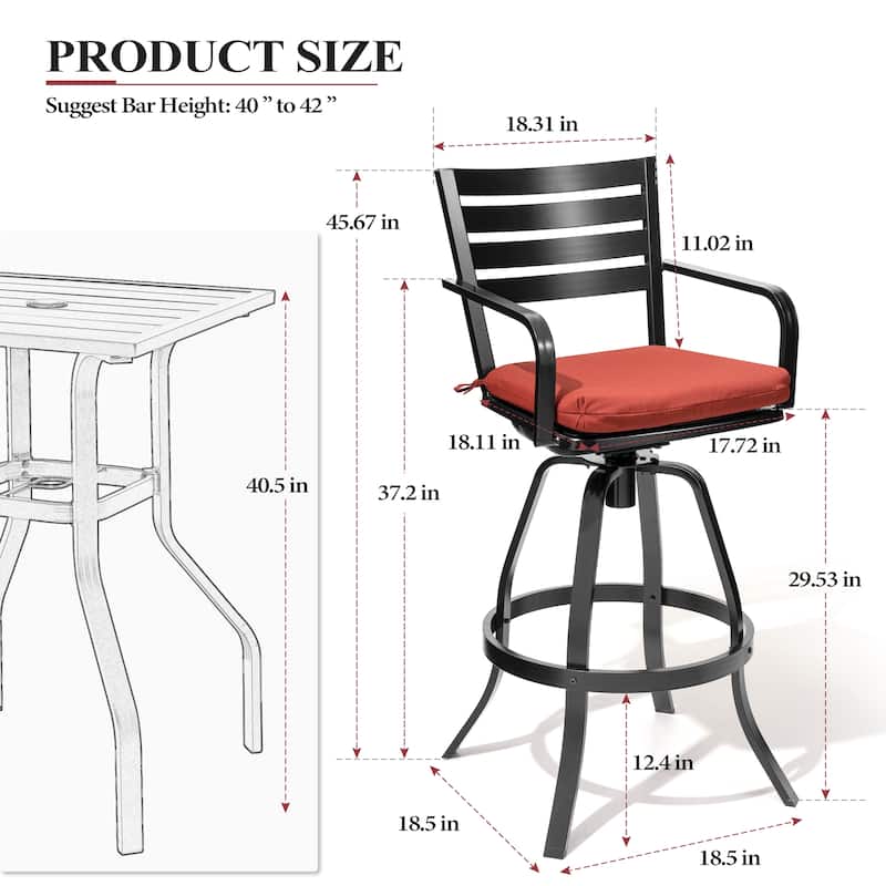 Crestlive Outdoor Cast Aluminum Swivel Bar Stool with Sunbrella Cushion - 18.5" W x 18.5" D x 45.67" H