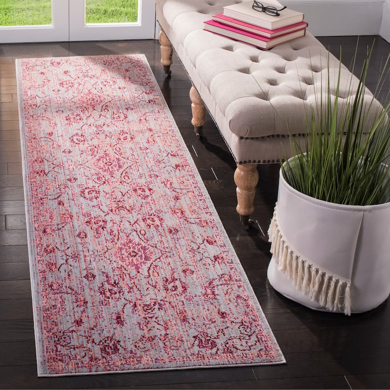 SAFAVIEH Valencia Chryssa Distressed Vintage Boho Oriental Polyester Rug - 2'3" x 10' Runner - Fuchsia/Multi
