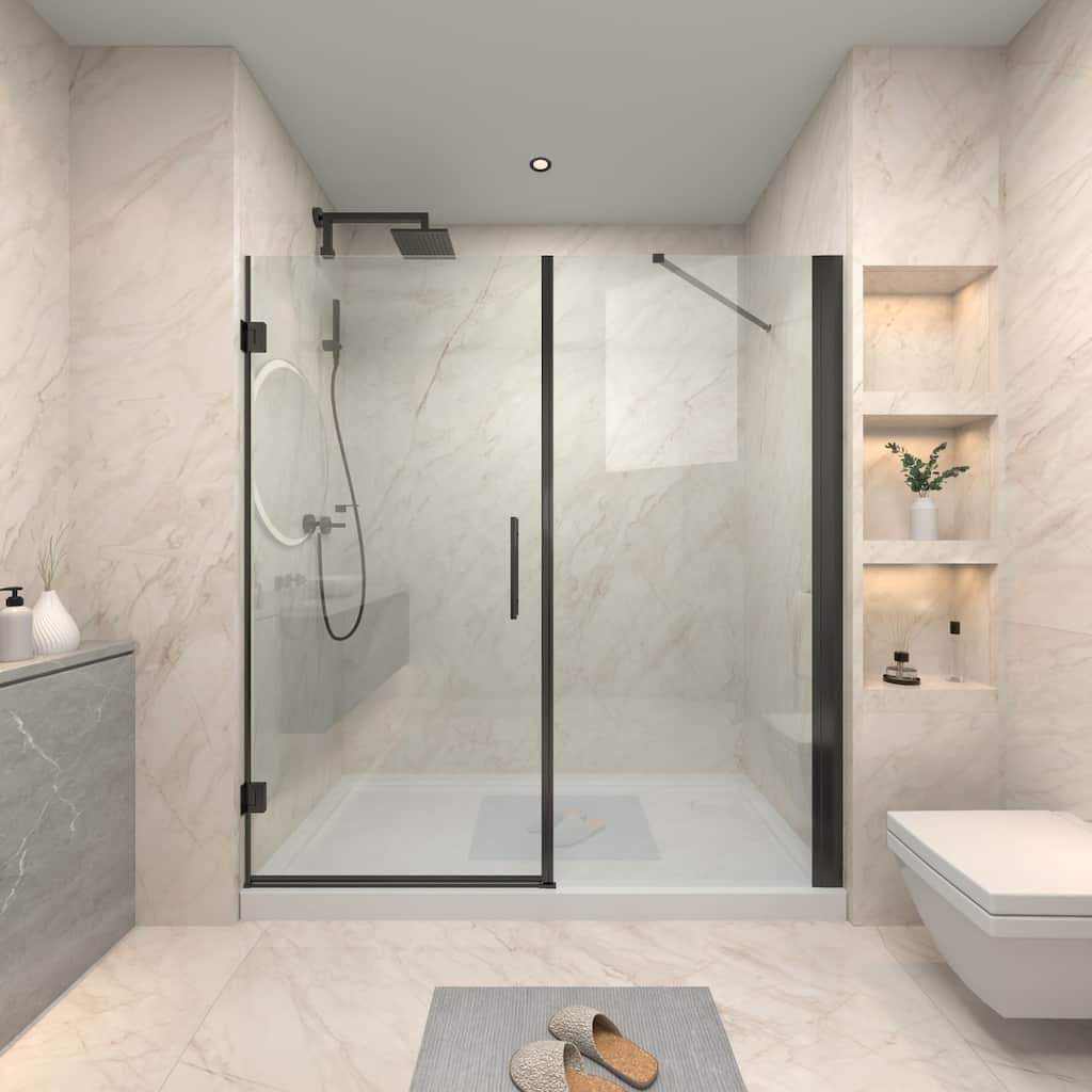 72" x 76" Pivot Semi-Frameless Shower Door in Black Finish with Tempered Glass - 76'' x 72''