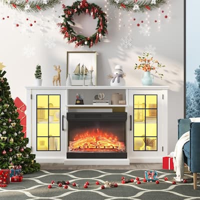 59In 3 Sided Glass Fireplace Heater TV Stand with LED Lights - N/A