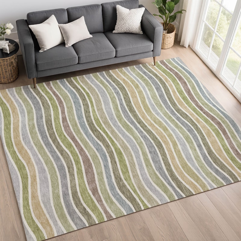 Machine Washable Indoor/ Outdoor Contemporary Stripe Chantille Rug