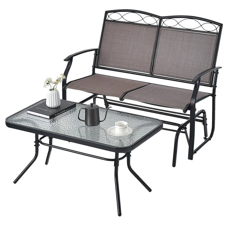 2PCS Patio Loveseat Glass Coffee Table Set Heavy-Duty Rocking Chair - Brown + Black