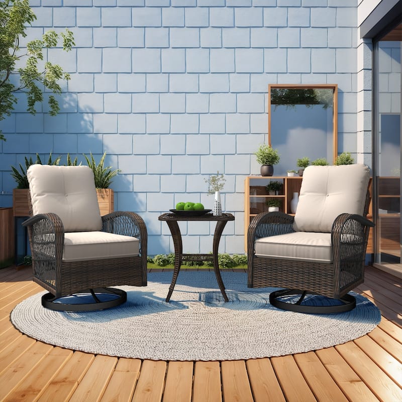Outdoor Swivel Rocker Bistro Set - 3 Piece Wicker Patio Set with Swivel Rocking Chairs, Cushions, and Tempered Glass Side Table - Beige
